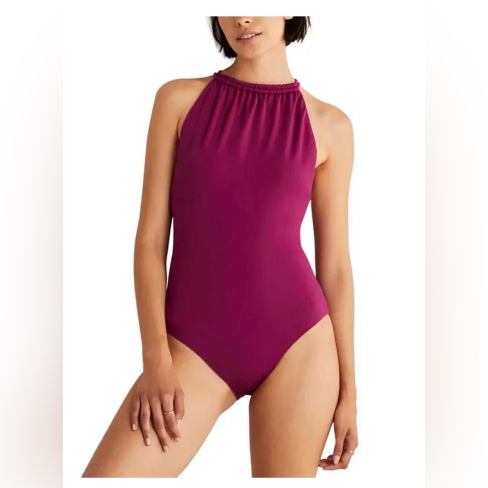 Boden High Neck Cross Back One Piece Swimsuit - Fuschia, size 8 US
